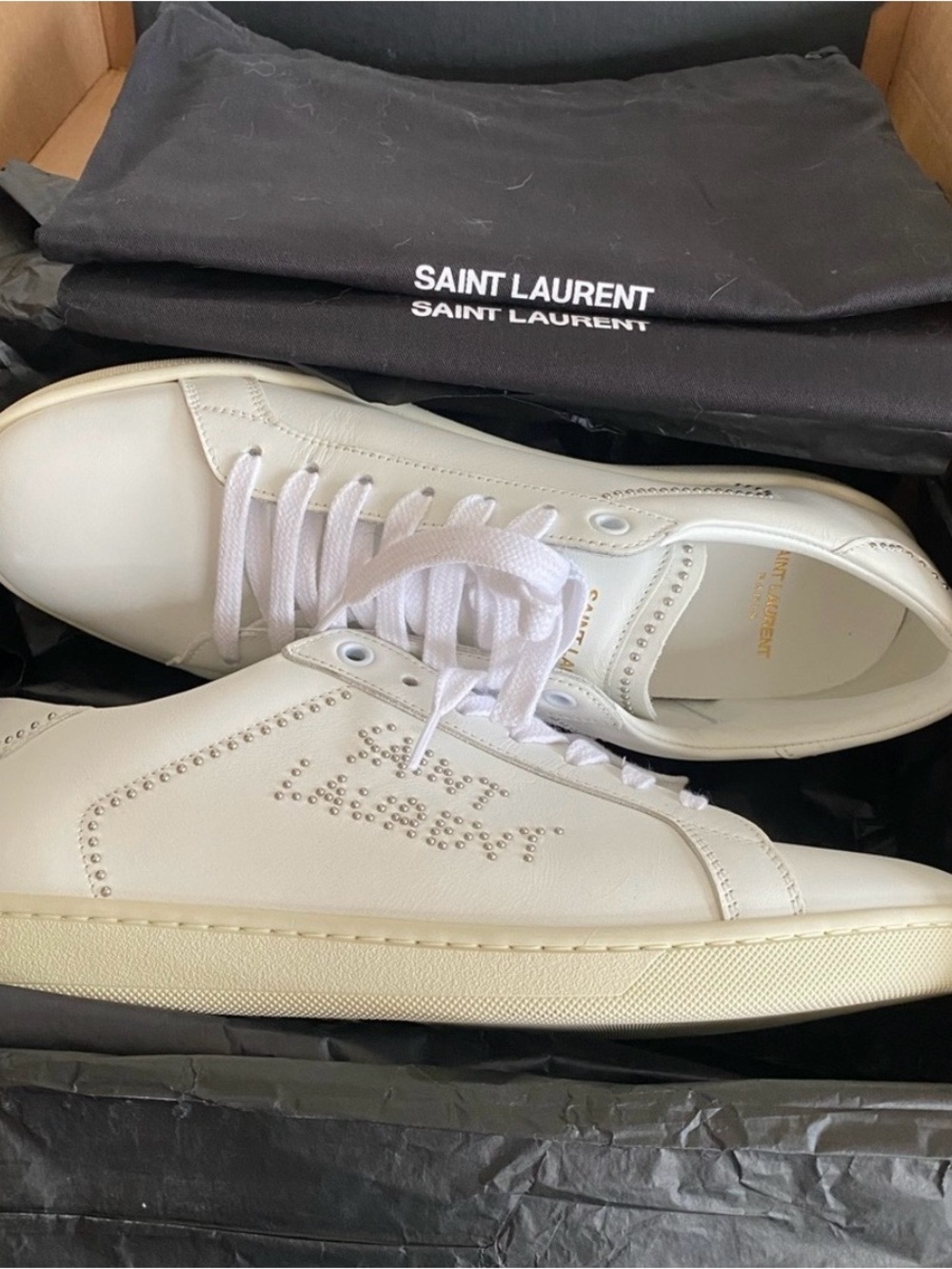 Saint Laurent Women’s White Leather Low-Top Sneakers with Stud Logo